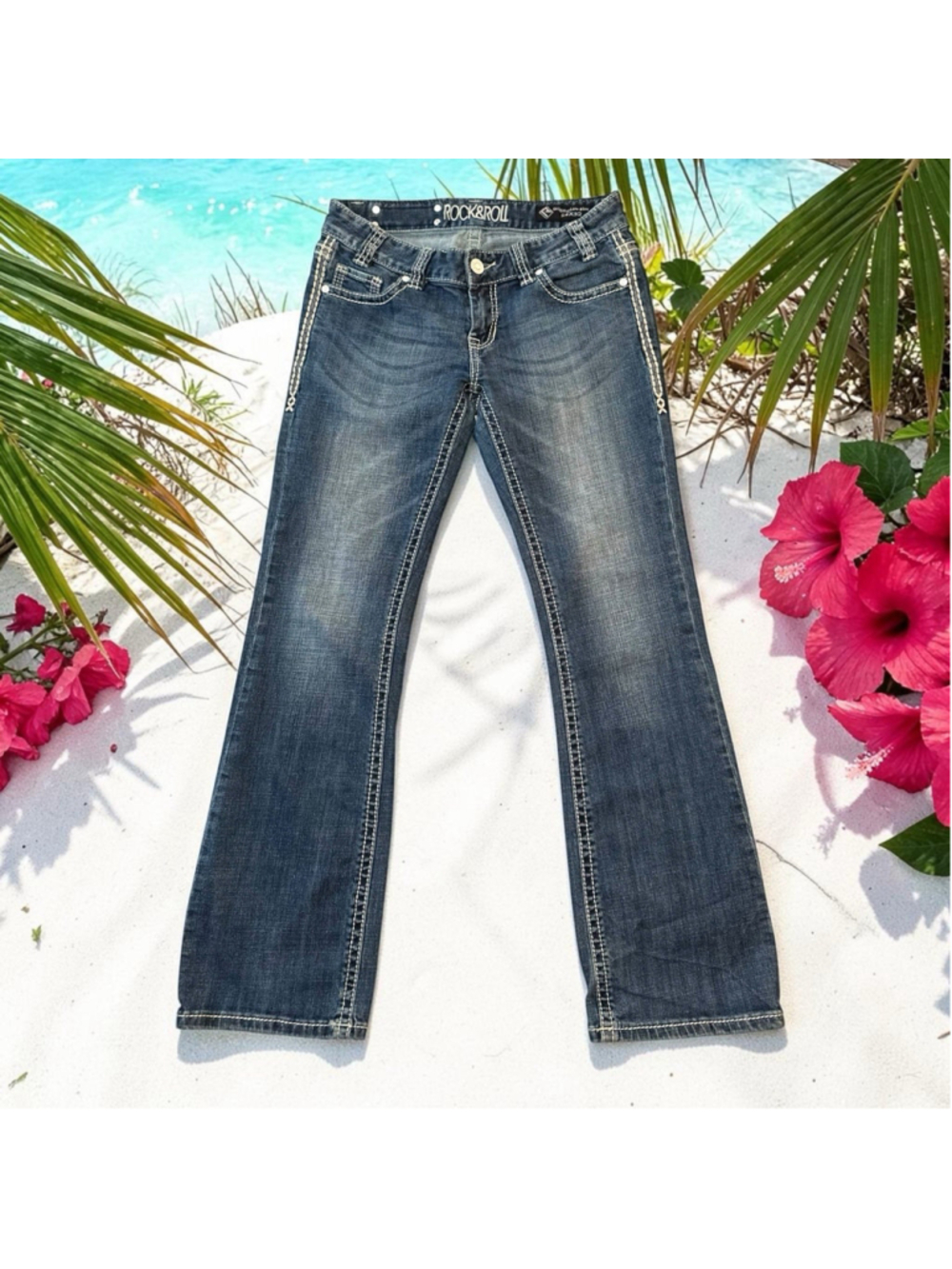 Rock & Roll Cowgirl Jeans Original Low Rise Womens 28 X 32 Blue Distressed Hem